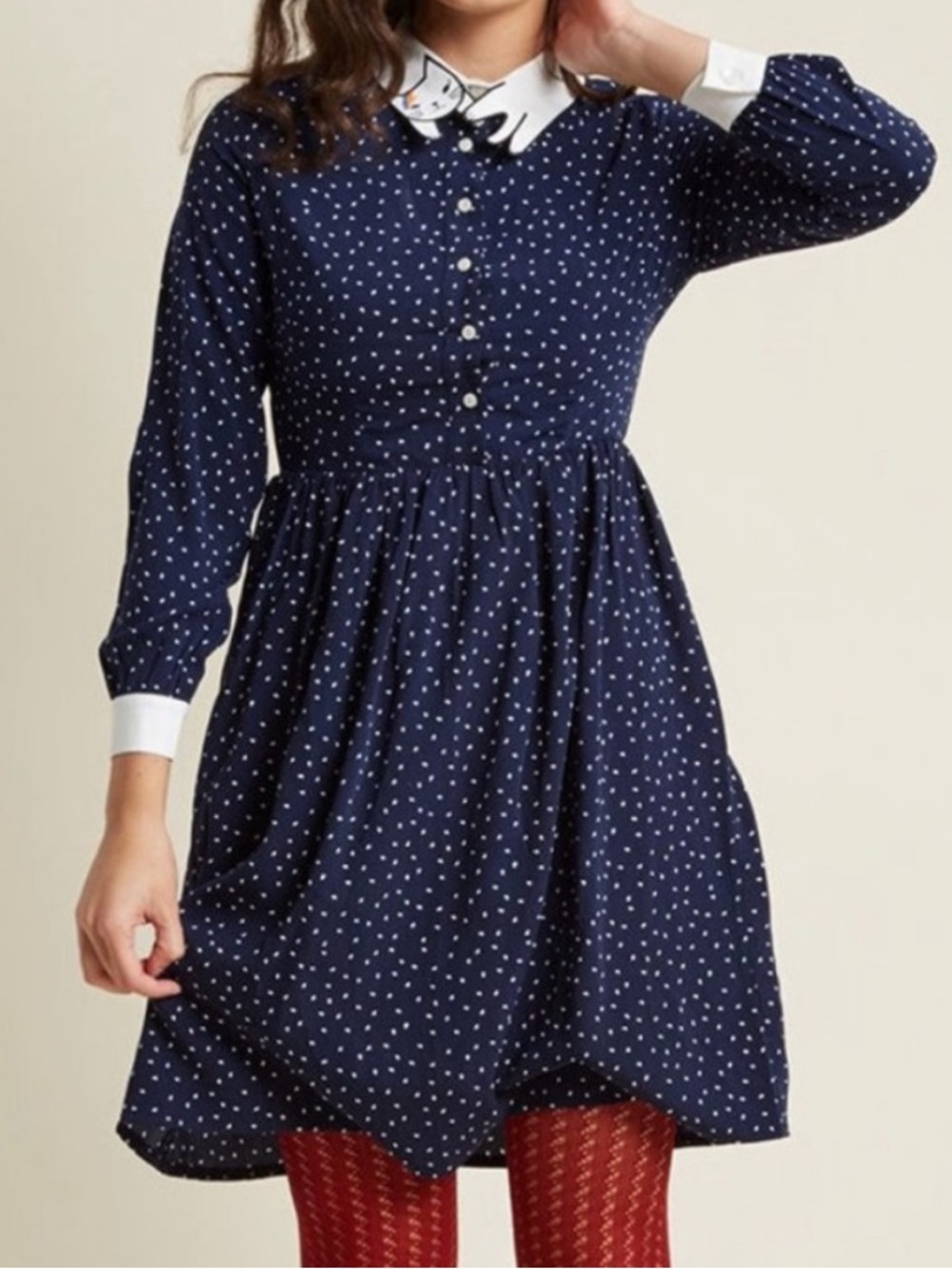 Miss Patina Bowie Long Sleeve Cat Dress Kitty Collar Size Small - Picture 2 of 14